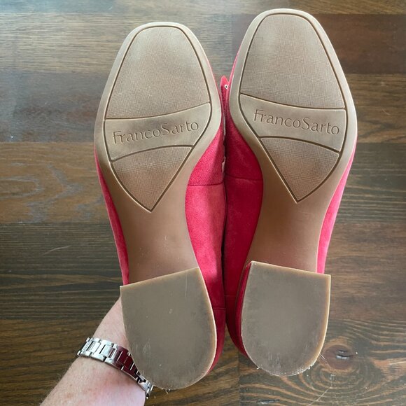 Like NEW Franco Sarto Red Fringe Suede Leather Block Heels Loafers - Picture 8 of 10